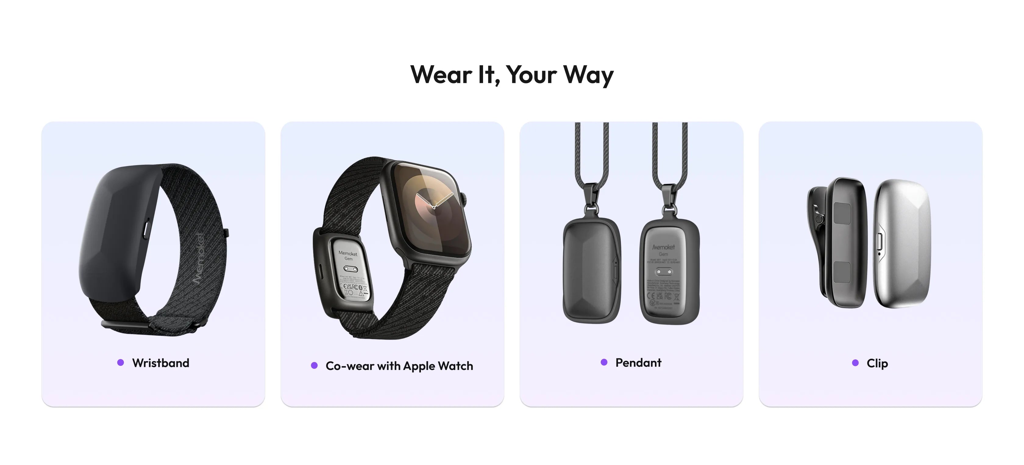 Memoket wearing options: wristband, Apple Watch co-wear band, pendant, and clip